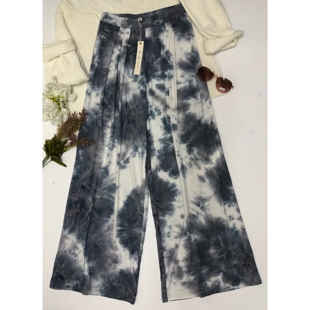 Wide Leg Pants Womens Size S Casual Pants Stretch tie dye Gray White NWT beach - Picture 8 of 12